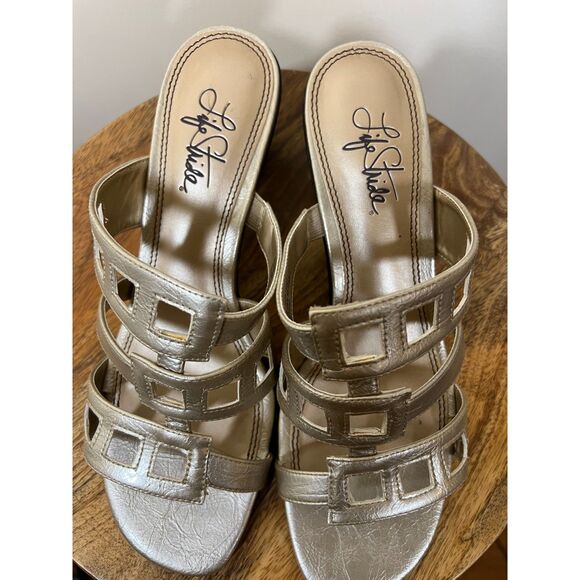 Life Stride Gold Metallic Heel Sandals Strappy Square Toe Party Shoes - Picture 5 of 6